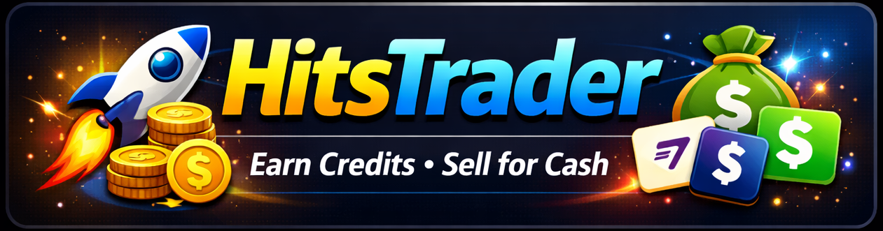 HitsTrader banner showing earn credits and sell for cash